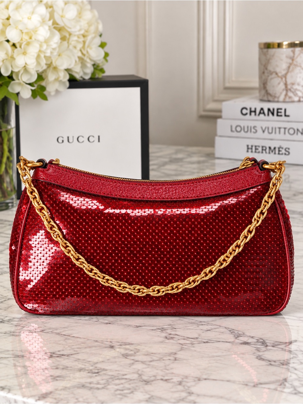 GUCCI Red Sequin Strawberry Charm Shoulder Crossbody Bag — NEW - Picture 3 of 8